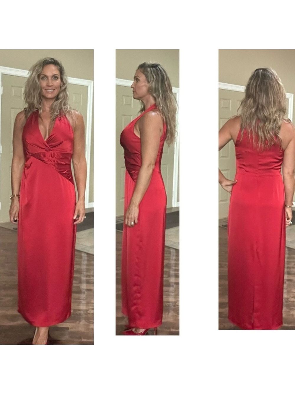 Lauren Ralph Lauren Red Sleeveless Pleated Satin Charmeuse Halter Maxi Gown 10